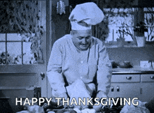 a man in a chef 's hat is cutting a turkey with the words happy thanksgiving written below him