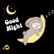 a cartoon of a dog sleeping on a crescent moon with the words " good night "