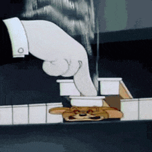 a cartoon of a cat playing a piano with a hand pointing at it