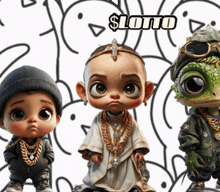 three baby dolls are standing next to each other with the words $ lotto in the background