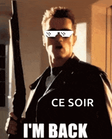 a man wearing sunglasses and a leather jacket is holding a shotgun .