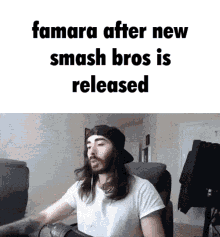a man with long hair is sitting in front of a computer with the caption famara after new smash bros is released on the top