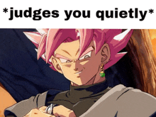 a picture of a man with pink hair and the words " judges you quietly "