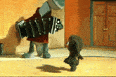 a cartoon frog is playing an accordion and another frog is walking behind him
