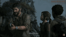 a video game screen shows a man holding a gun and a woman looking on