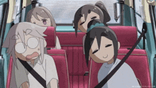 a group of cartoon characters are sitting in a car and one of them is wearing a seatbelt