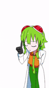 a drawing of a girl with green hair and a red hat pointing up