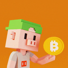 a cartoon character with a green hat and a yellow coin with the letter b