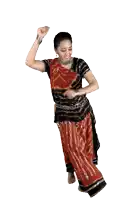 a woman in a red and black dress is dancing in front of a white background