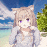 a cute anime girl with cat ears and purple eyes
