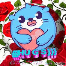 a picture of a blue bear hugging a pink heart with the words " hug sir " written below it