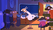 a cartoon of a bird singing into a microphone surrounded by other animals