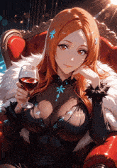 a woman in a black dress holds a glass of wine