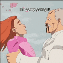 a cartoon of a man holding a woman with the words i 'm conquering it on the bottom