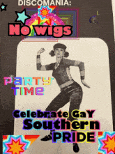 a poster that says discomania no wigs party time