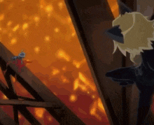 a cartoon character is standing in front of a fire and looking at it .