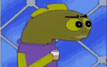 a cartoon character in a purple shirt is holding a drink in his hand .