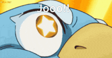 a cartoon of a bird with a star in its eye and the words jooo written above it