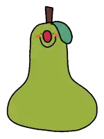 a cartoon drawing of a green pear with a red nose and red eyes