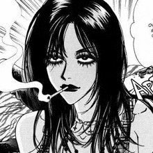 a black and white drawing of a woman smoking a cigarette in a cartoon .
