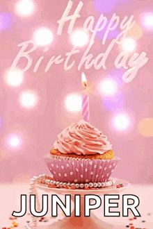 a birthday card for juniper with a pink cupcake and candle