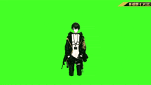 a video game character is standing on a green screen with chinese writing on it
