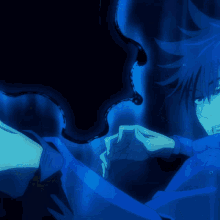a close up of a person 's face with blue hair