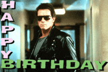 a man wearing sunglasses and a leather jacket with the words happy birthday behind him