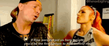 a man and a woman are talking to each other and the woman is saying if raw were to raid us
