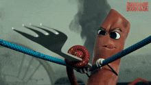 a cartoon sausage is holding a fork and a rope with the words sausage party boston written on the bottom