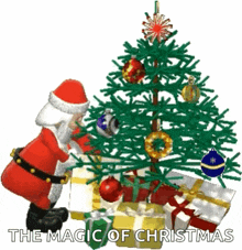 a cartoon of santa claus decorating a christmas tree with gifts underneath it .