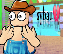 a cartoon character wearing overalls and a cowboy hat stands in front of a sybau store