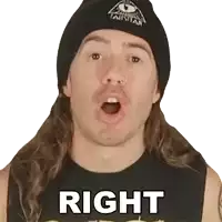 a man with long hair is wearing a black beanie and a tank top that says right .