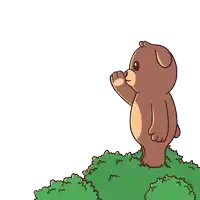 a brown teddy bear is standing on top of a green hill