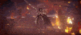 a person is holding a sword in a video game and a sword is flying through the air .
