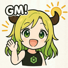 a cartoon drawing of a girl with horns and the words gm above her
