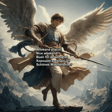 a man with wings is holding a sword and says weekend placut nice weekend
