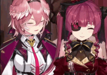 two anime girls with pink hair are standing next to each other smiling
