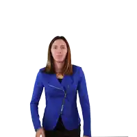a woman in a blue jacket is making a gesture with her hands