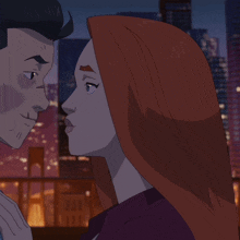 a cartoon of a man and woman kissing with a city in the background