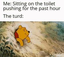 a cartoon of winnie the pooh sitting on the toilet pushing for the past hour the turd .