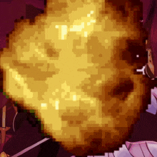 a pixel art of a person holding a sword with a large explosion in the background