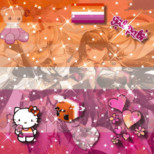 a hello kitty and a lesbian flag are surrounded by hearts and stars