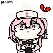 a cartoon of a girl with pink hair wearing a nurse 's hat with a cross on it