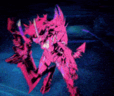 a pink and purple robot with a sword and a spear