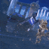 a video game character is holding a sword and a gun .