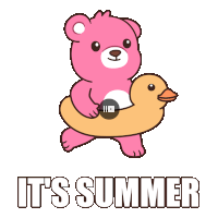 a pink teddy bear is carrying a rubber duck and the words it 's summer