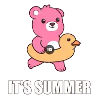 a pink teddy bear is carrying a rubber duck and the words it 's summer