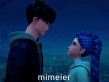 a man and a girl are looking at each other and the word mimeier is on the bottom right