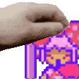 a pixel art of a hand holding a pink and purple cartoon character .